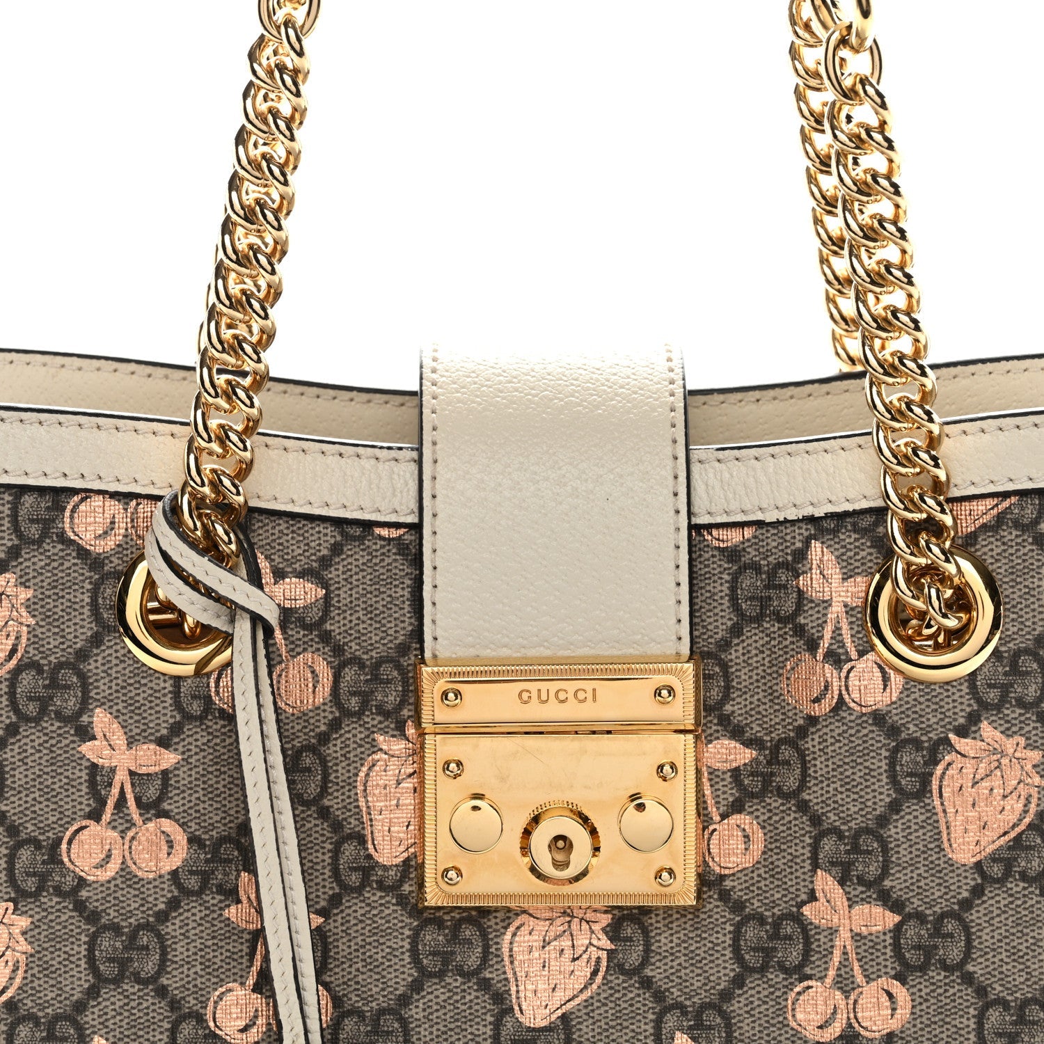 Gucci GG Supreme Monogram Berry Textured Dollar Calfskin Small Padlock Tote Beige Ebony Light Copper Mystic White