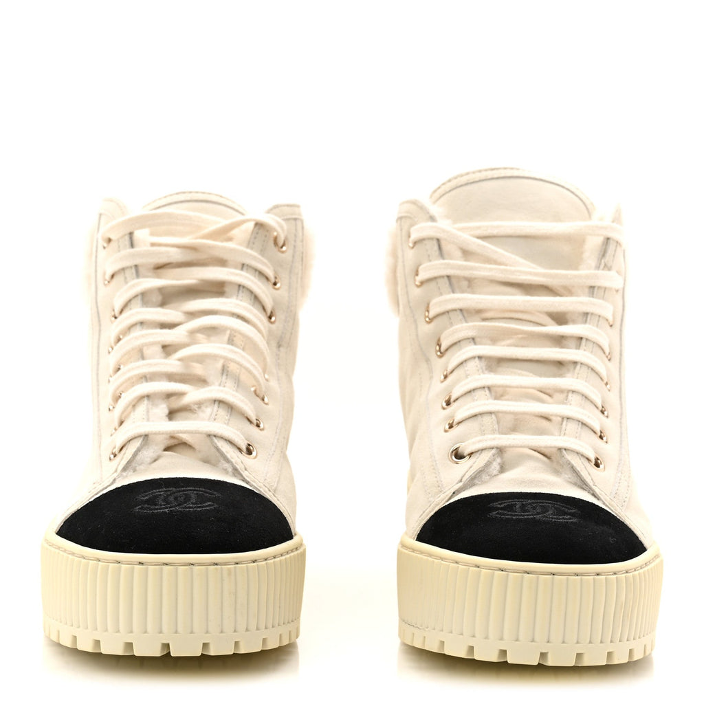 Kid Suede Shearling Sheepskin Lace Up Boots 38 Ivory White Black