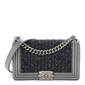 Chanel Tweed Metallic Lambskin Medium Boy Flap Silver