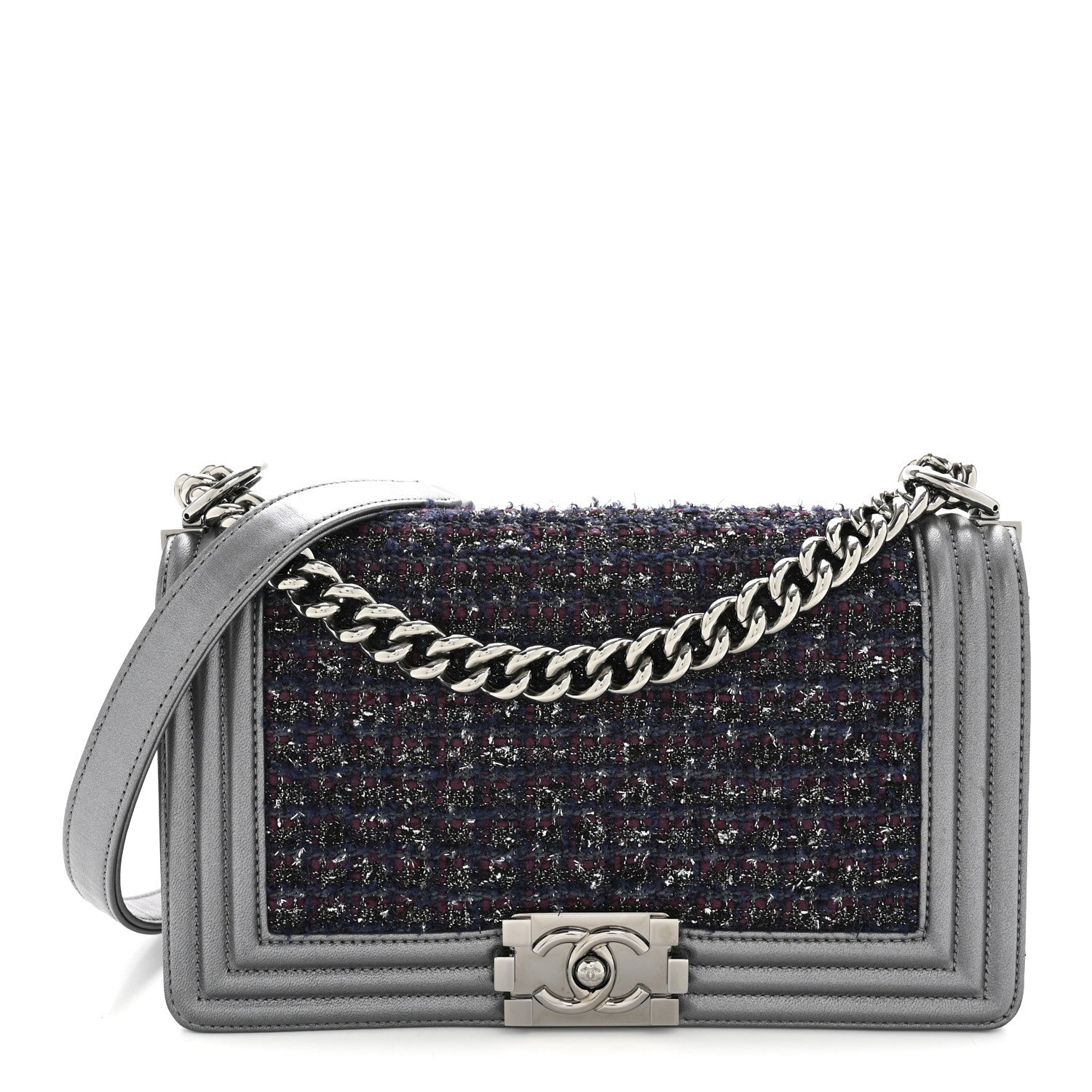 Chanel Tweed Metallic Lambskin Medium Boy Flap Silver