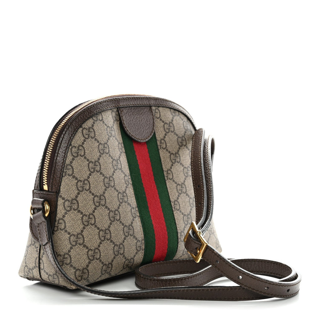 Gucci GG Supreme Monogram Textured Dollar Calfskin Web Small Ophidia Dome Shoulder Bag Beige Ebony New Acero