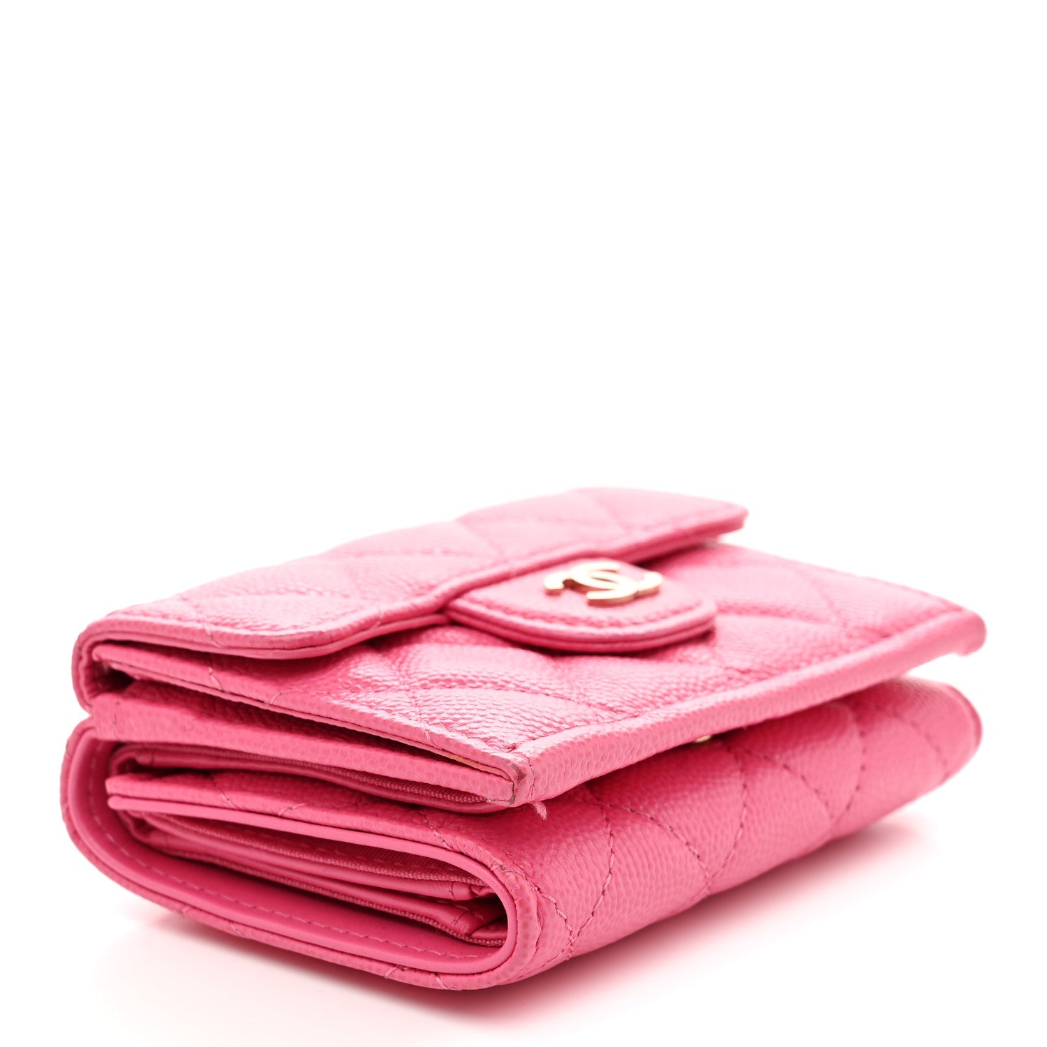 Caviar Quilted Tri-Fold Flap Wallet Pink