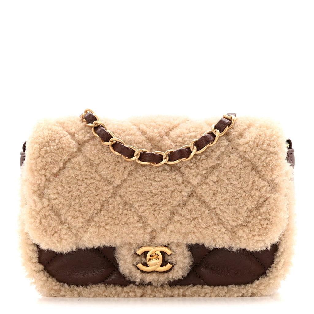 Chanel Shearling Lambskin Quilted Mini Furry Coco Flap Beige Dark Brown