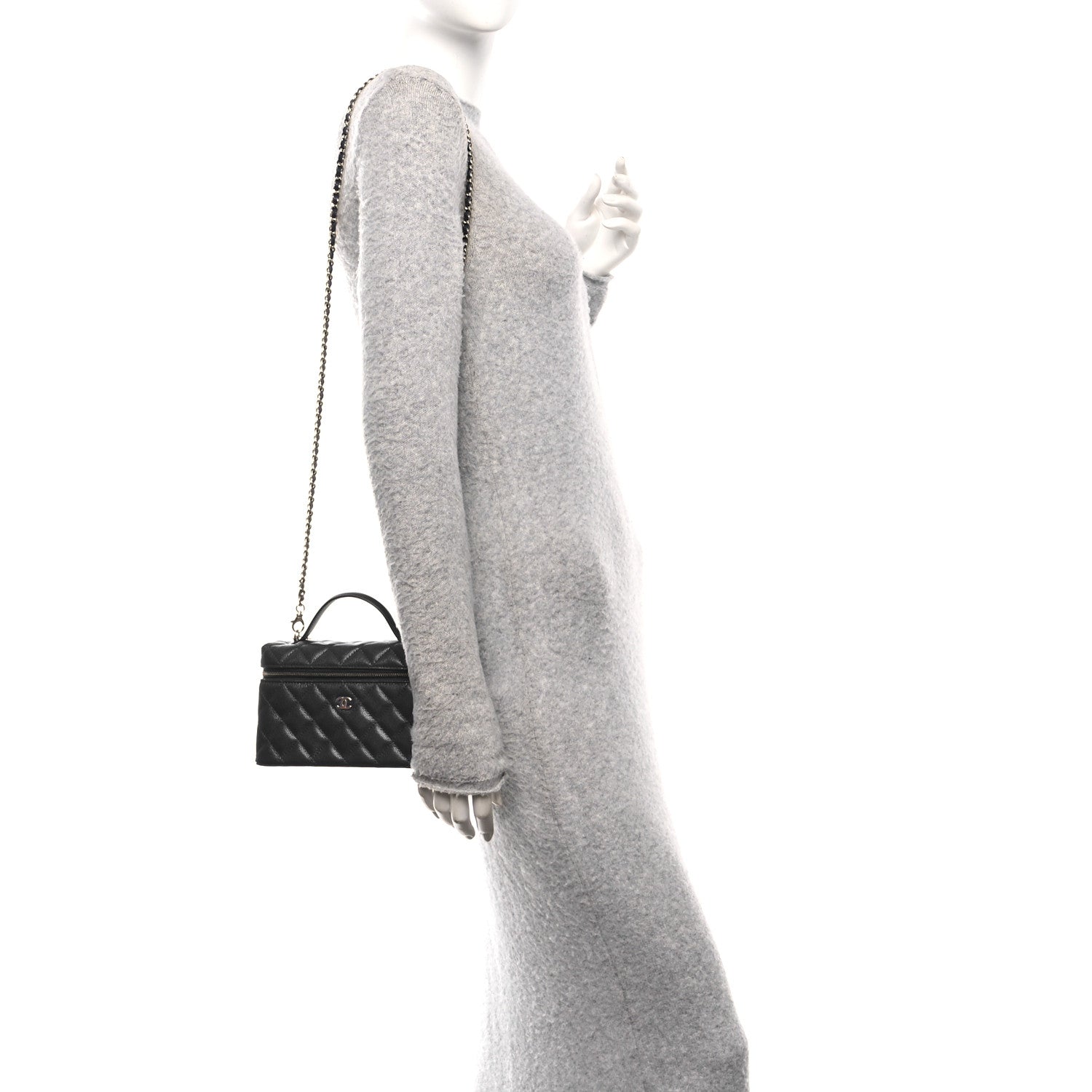 Chanel Caviar Quilted Top Handle Slim Vanity With Chain Navy