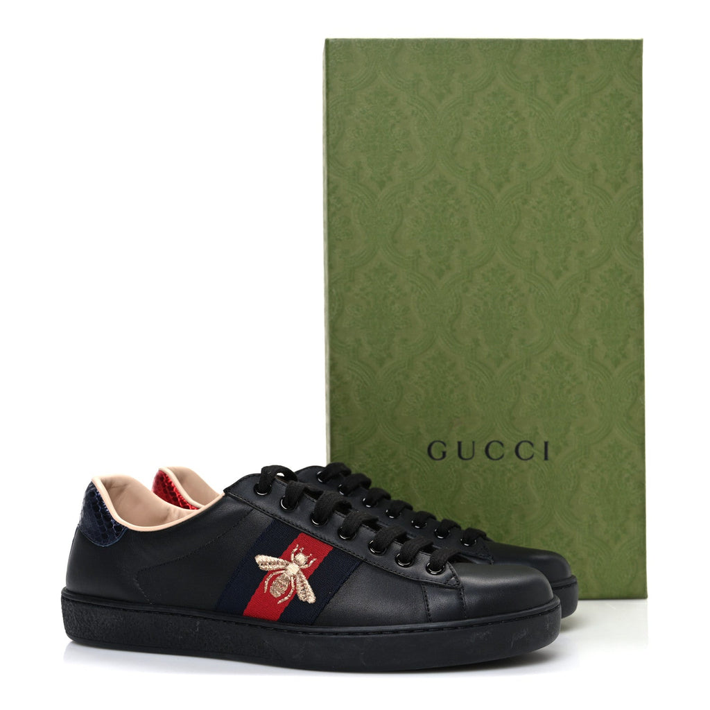 Gucci Miro Soft Calfskin Laminated Ayers Web Bee Embroidered Mens Ace Sneakers 6 Black Red Flame Night