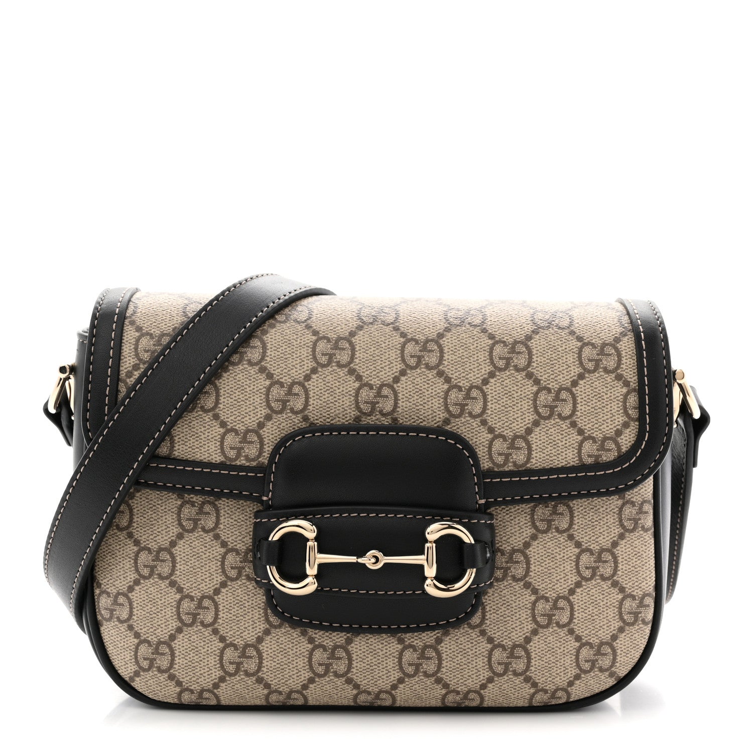 Gucci GG Supreme Monogram Horsebit 1955 Soft Small Shoulder Bag Beige Black