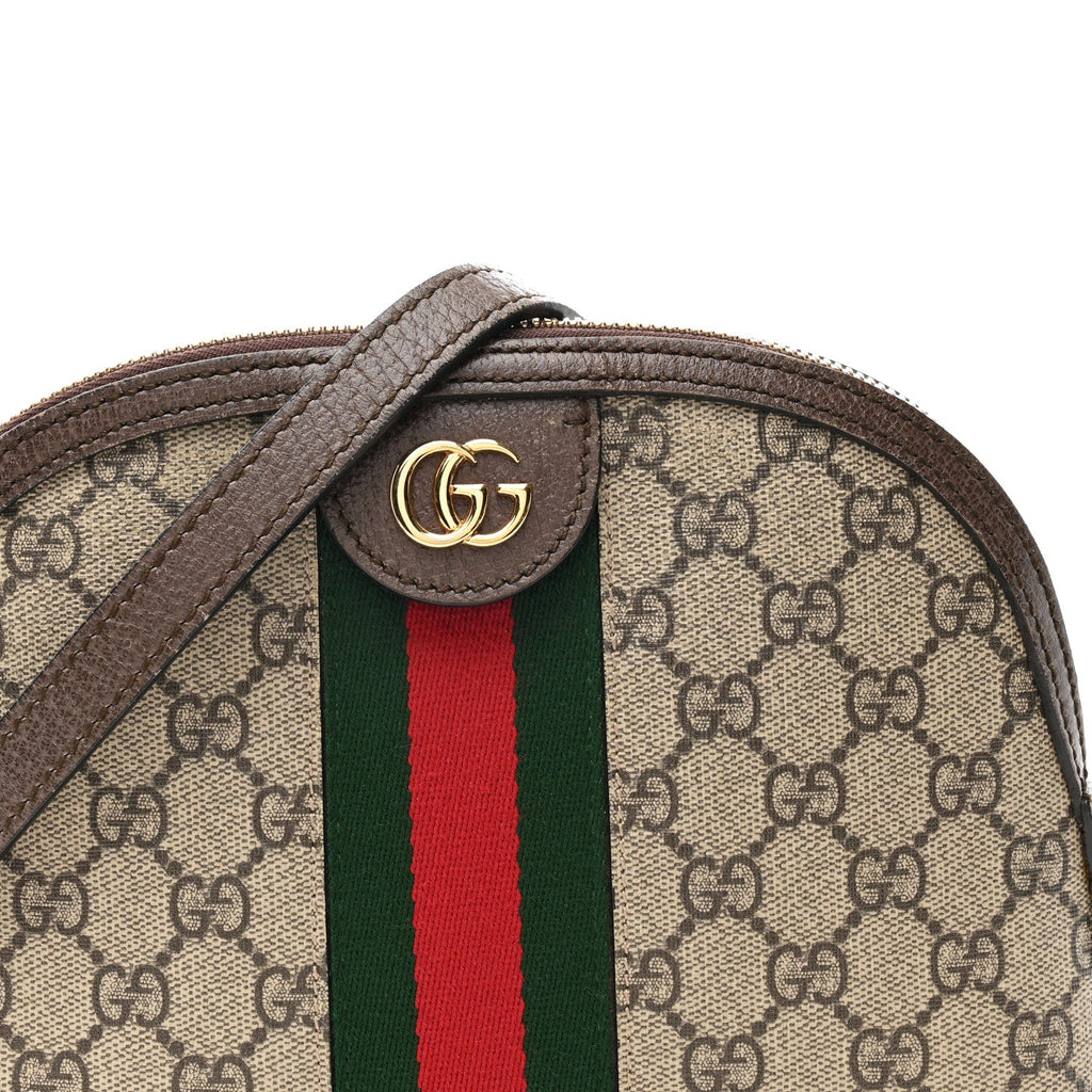 Gucci GG Supreme Monogram Textured Dollar Calfskin Web Small Ophidia Dome Shoulder Bag Beige Ebony New Acero