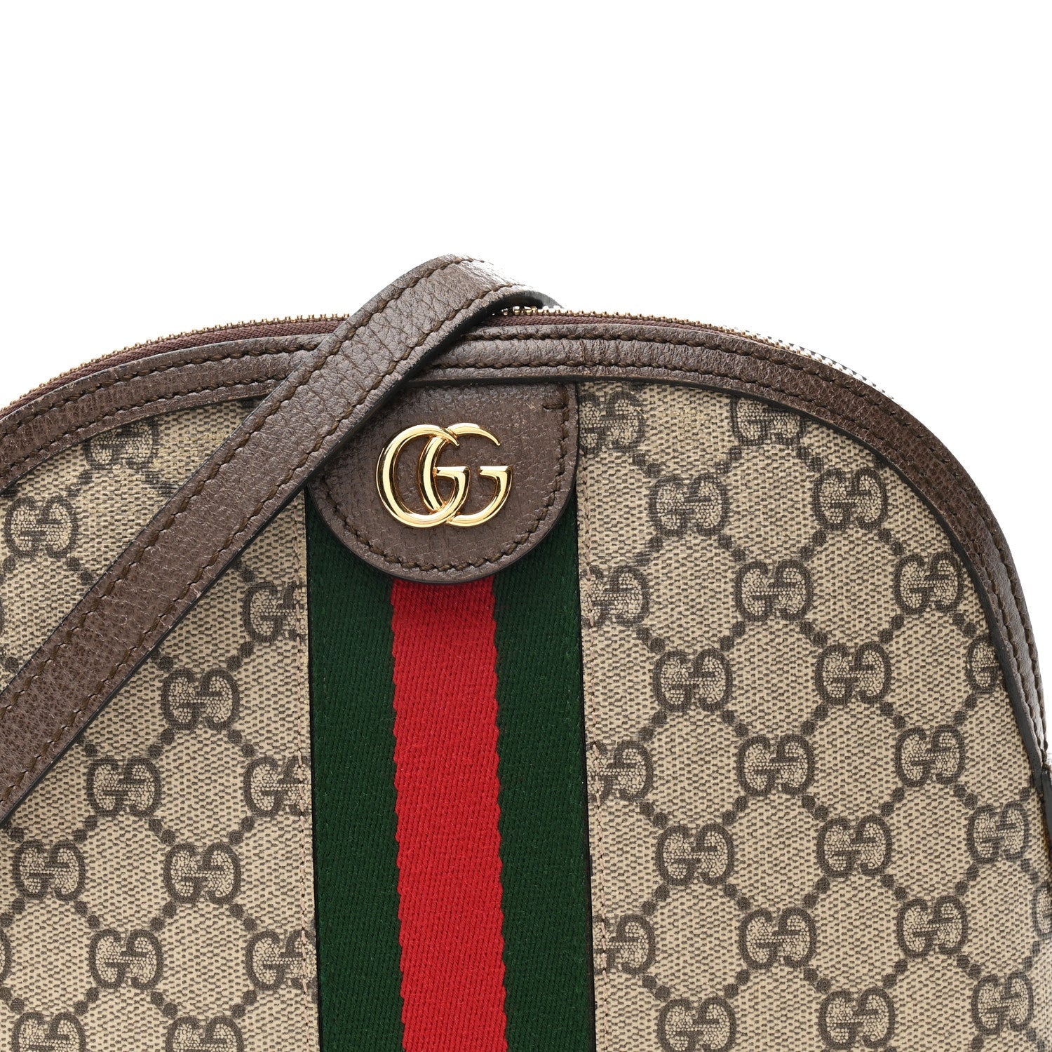 Gucci GG Supreme Monogram Textured Dollar Calfskin Web Small Ophidia Dome Shoulder Bag Beige Ebony New Acero