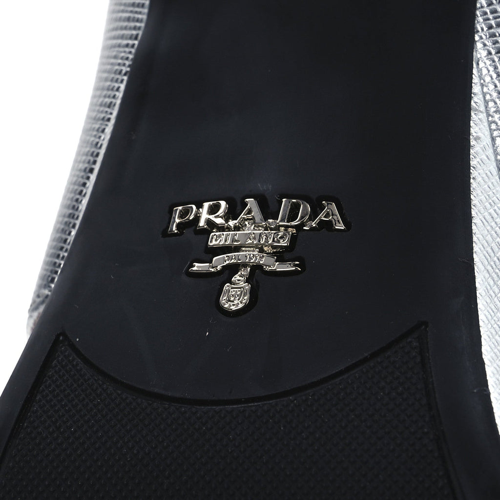 Prada Metallic Saffiano Crisscross Platform Sandals 41 Silver