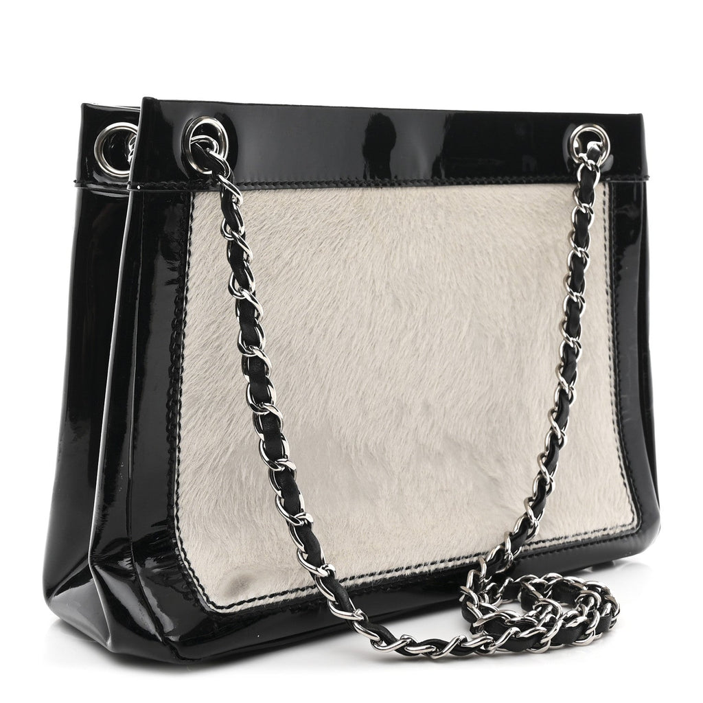 Chanel Patent Pony Hair Small Pocket Tote Black White