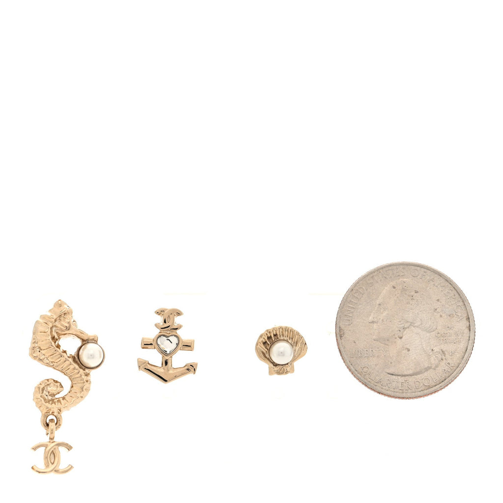 Metal Pearl Anchor Seahorse Shell Earrings Set Gold
