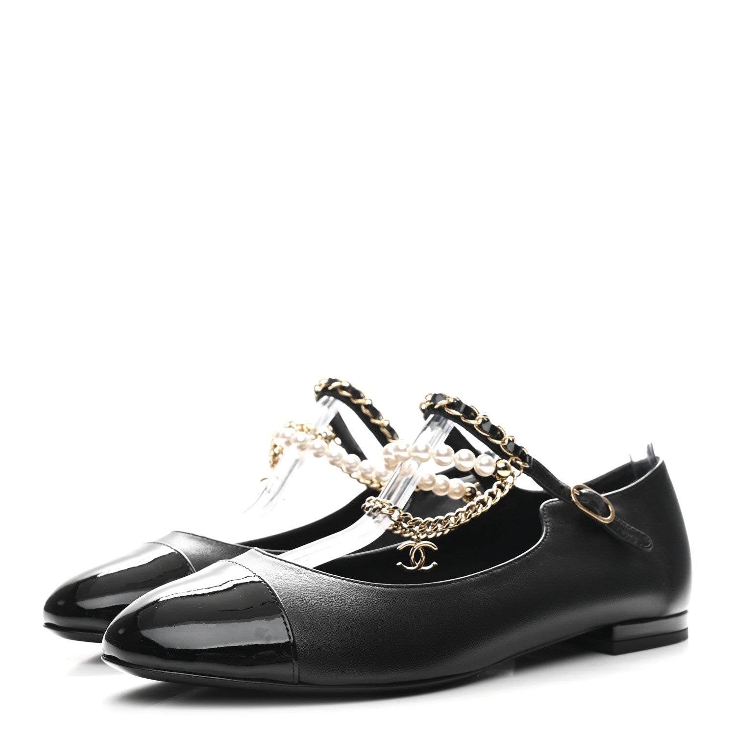 Chanel Shiny Lambskin Pearl Cap Toe Ankle Chain Ballerina Flats 37 Black