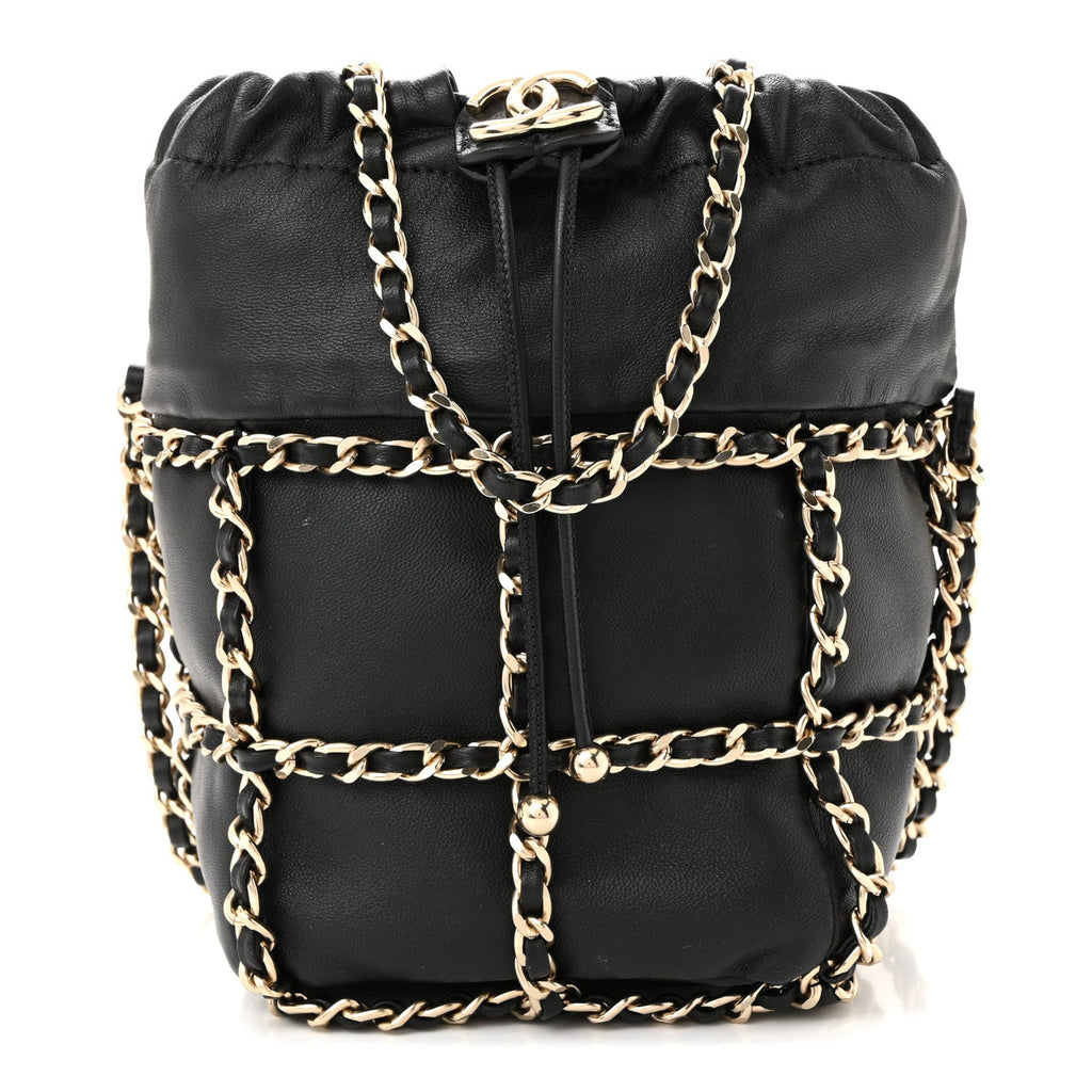 Chanel Lambskin Bucket Chain Drawstring Bag Black