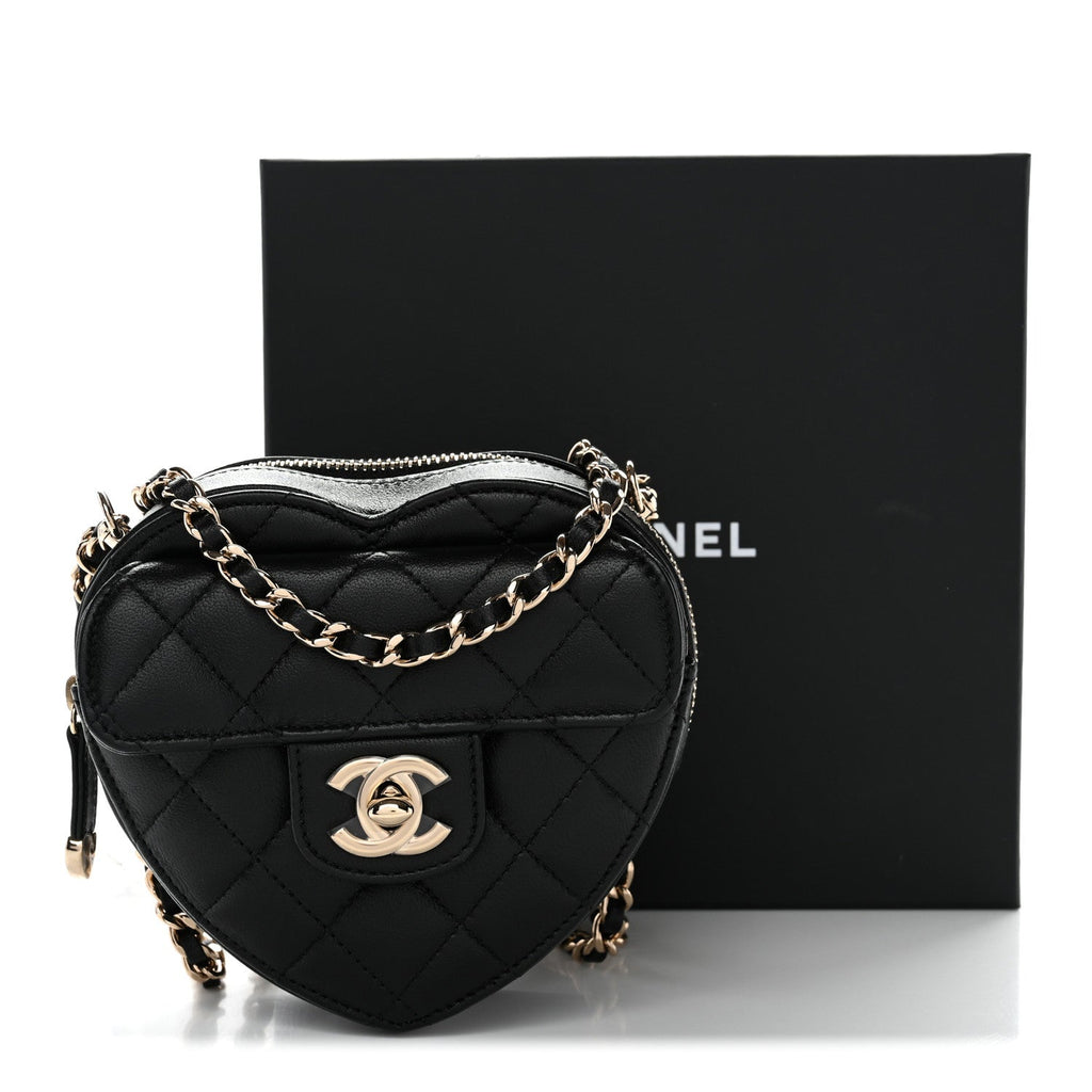 Chanel Lambskin Quilted CC In Love Heart Clutch With Chain Black