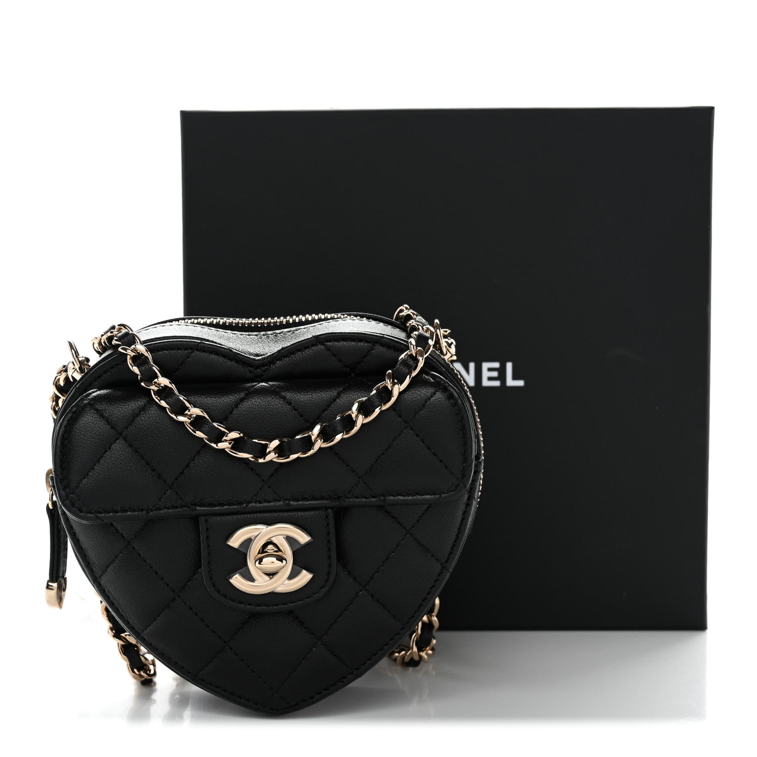 Chanel Lambskin Quilted CC In Love Heart Clutch With Chain Black