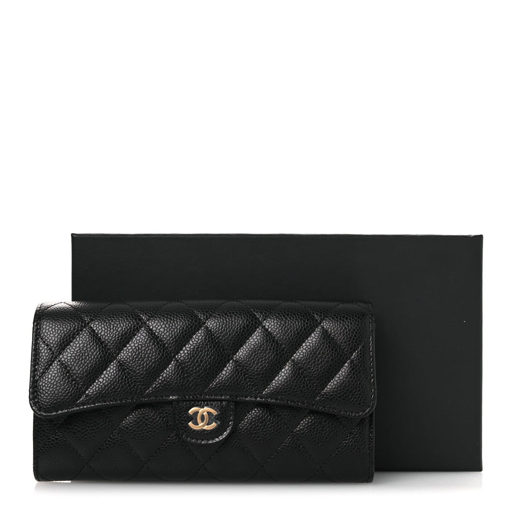 Caviar Quilted Large Gusset Flap Wallet Black