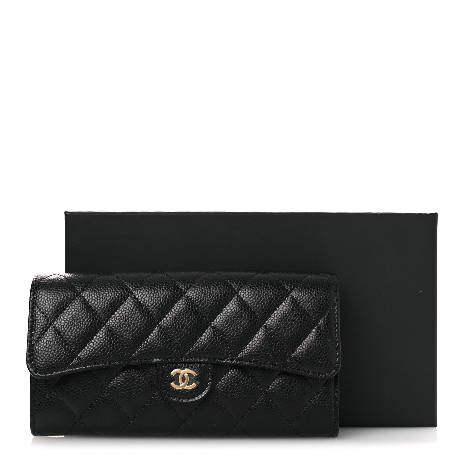 Caviar Quilted Large Gusset Flap Wallet Black