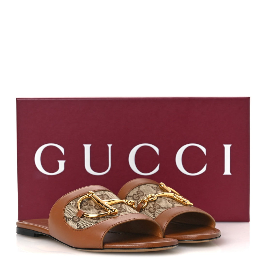 Gucci Calfskin Monogram Horsebit Womens Slide Sandals 37 Beige Ebony Sundial