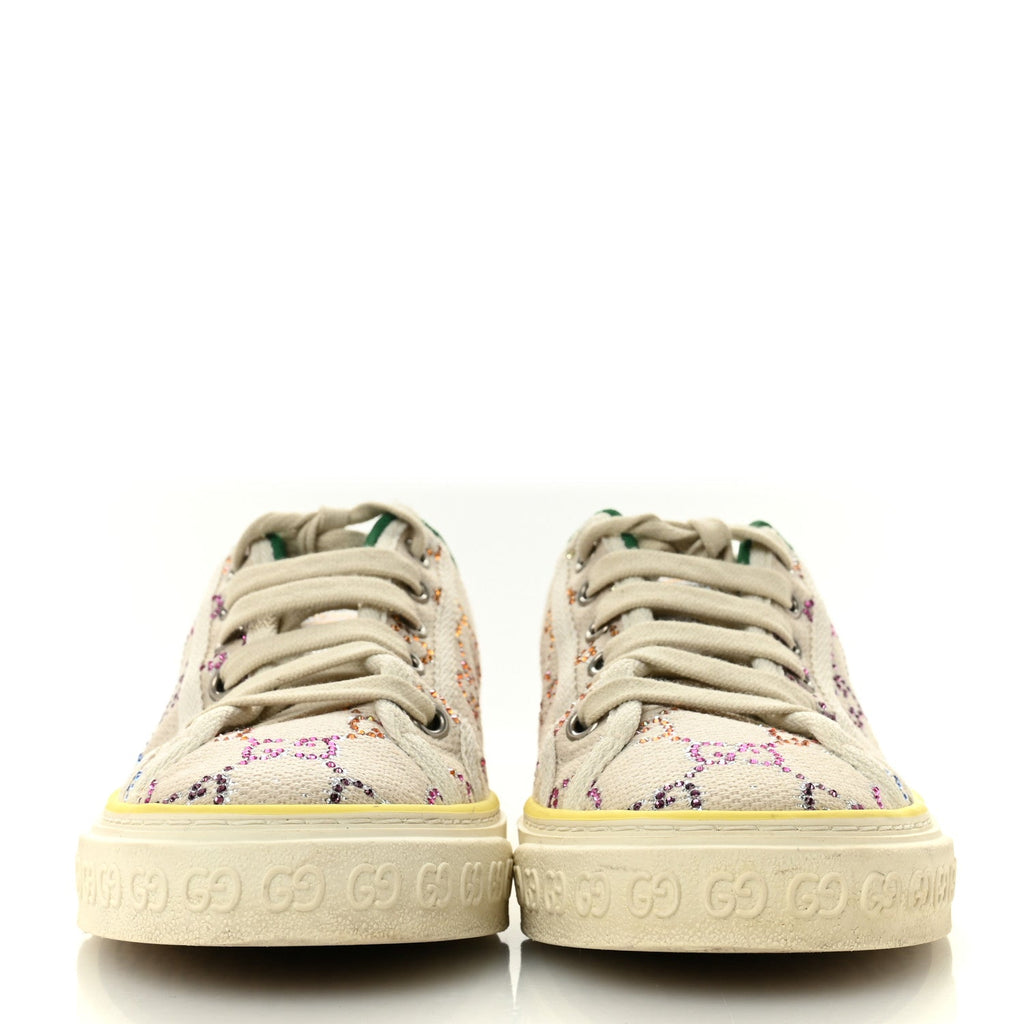 Gucci Canvas Lame Crystal GG Monogram Womens 1977 Tennis Sneakers 36 Gardenia Silver Mystic White