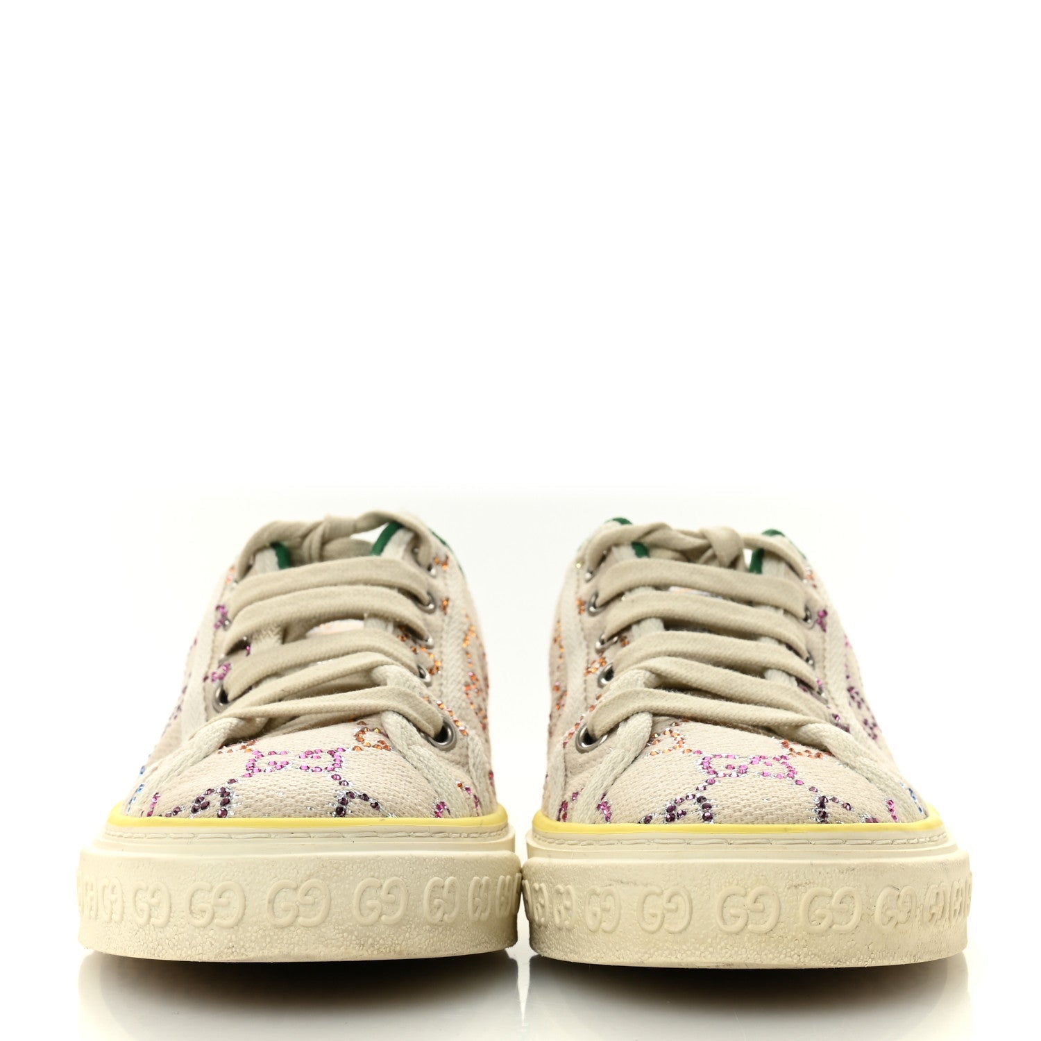 Gucci Canvas Lame Crystal GG Monogram Womens 1977 Tennis Sneakers 36 Gardenia Silver Mystic White