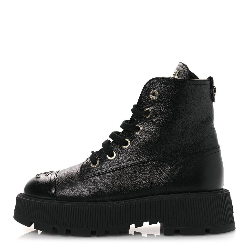 Grained Calfskin Shiny Calfskin CC Lace Up Combat Boots 38.5 Black