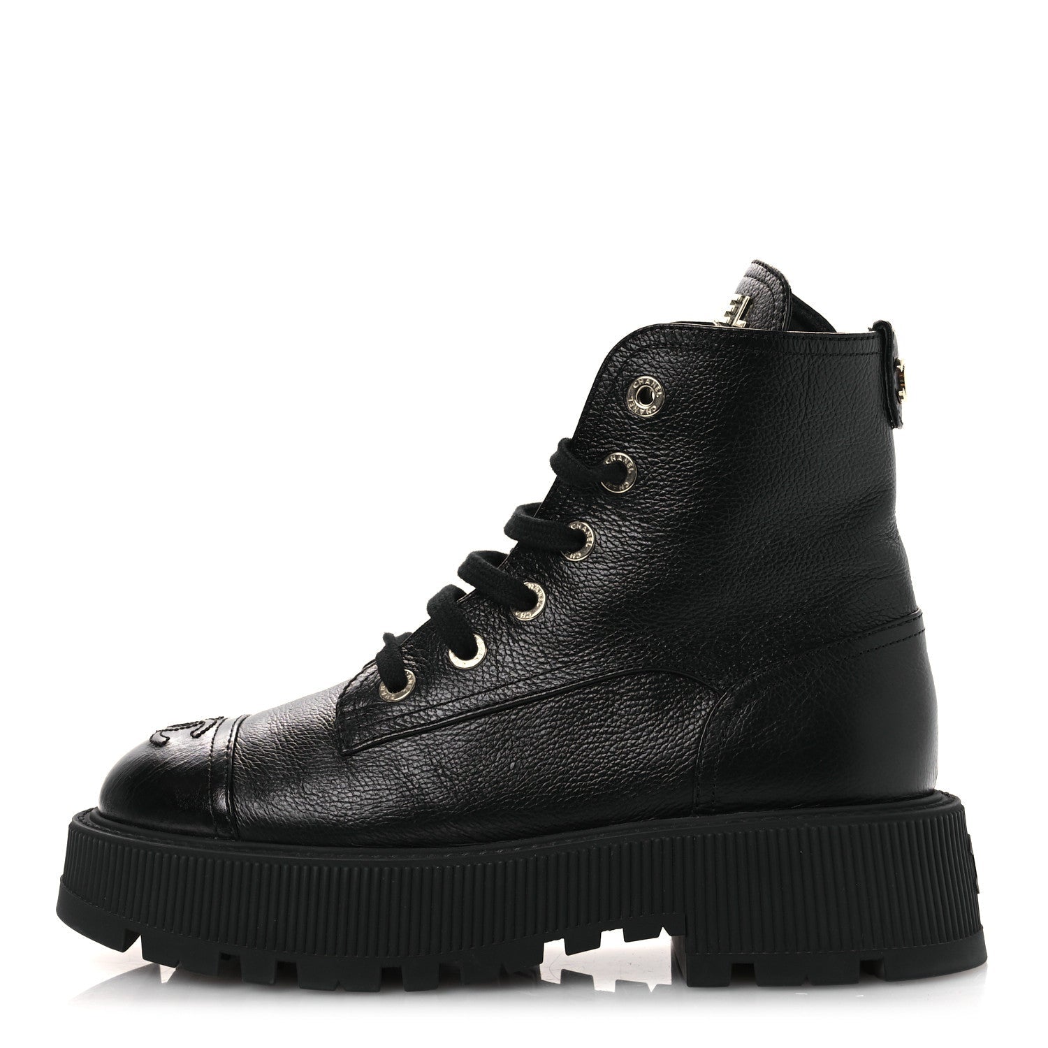 Grained Calfskin Shiny Calfskin CC Lace Up Combat Boots 38.5 Black