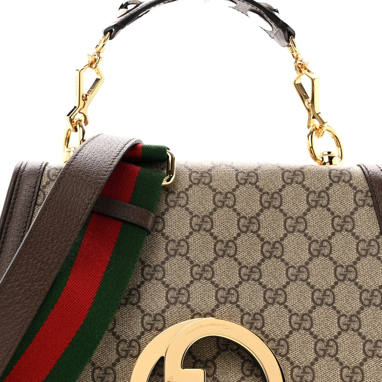 Gucci GG Supreme Monogram Textured Dollar Calfskin Web Medium Blondie Top Handle Shoulder Flap Bag Beige Ebony New Acero