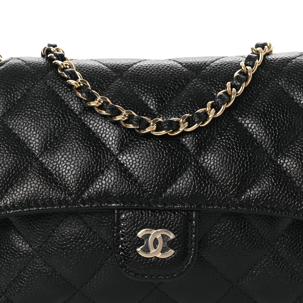 Chanel Caviar Fabric Foldable Tote Bag With Chain Black Multicolor