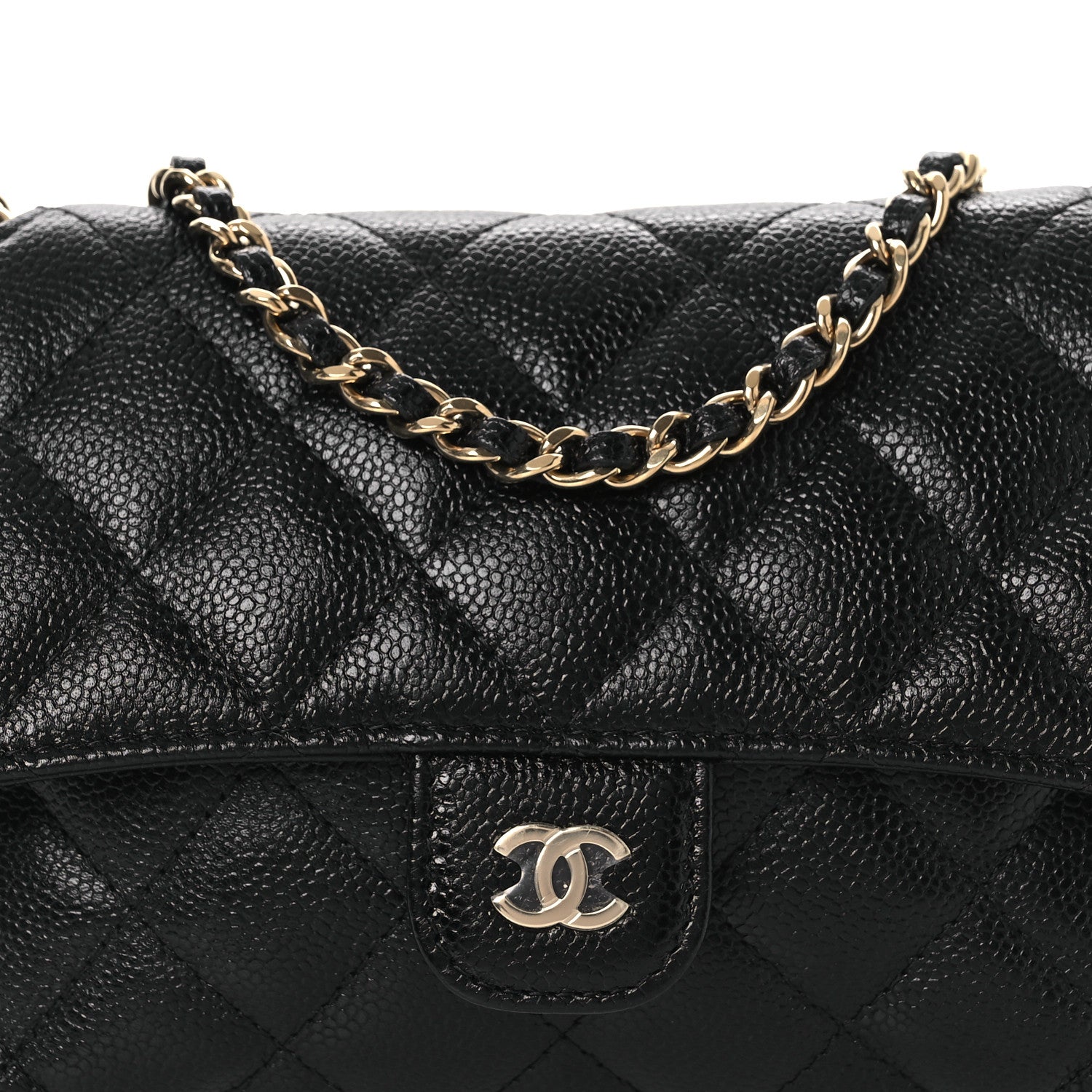 Chanel Caviar Fabric Foldable Tote Bag With Chain Black Multicolor
