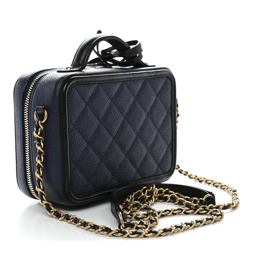 Chanel Caviar Quilted Small CC Filigree Vanity Case Navy Black