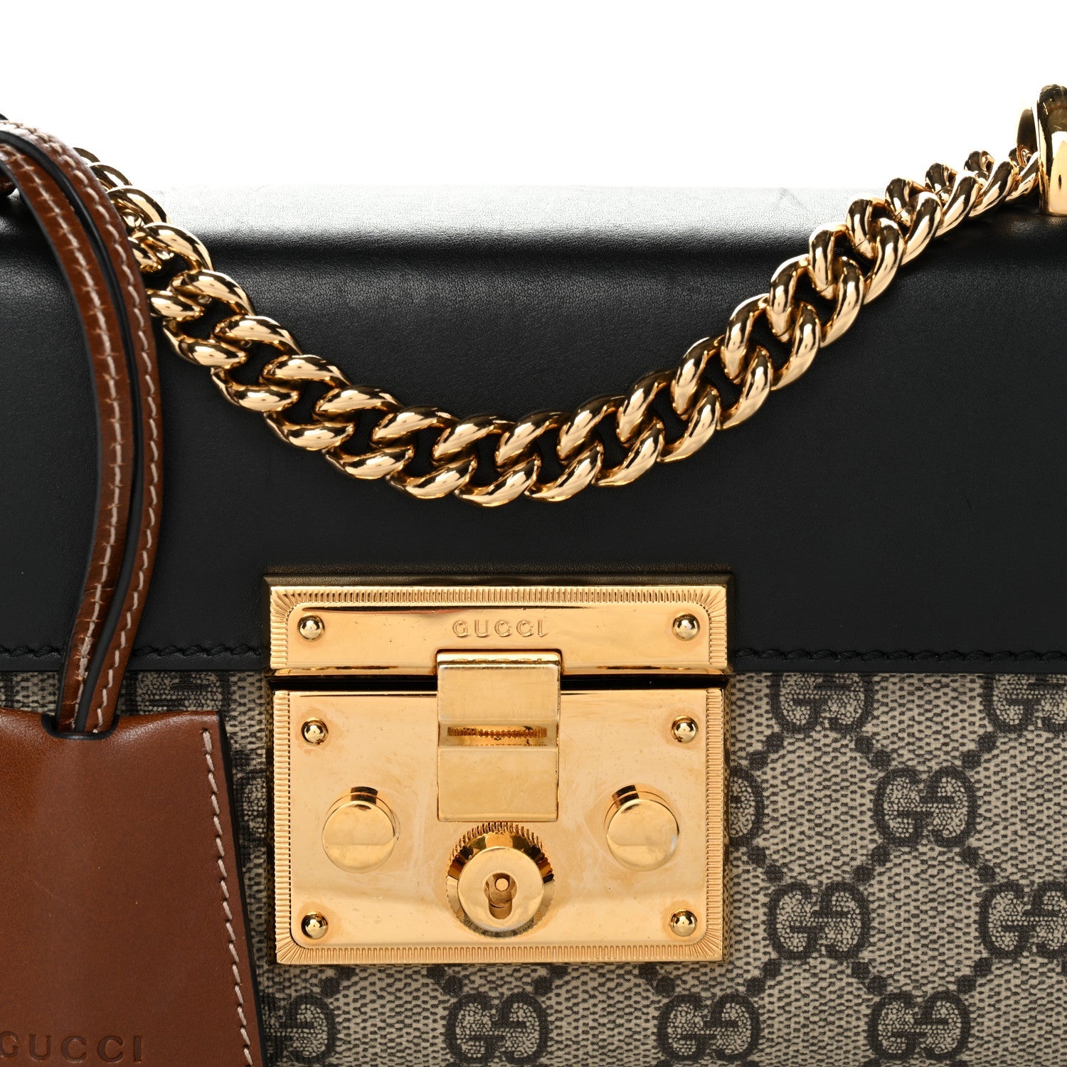 Gucci GG Supreme Monogram Calfskin Small Padlock Shoulder Bag Beige Black Cuir