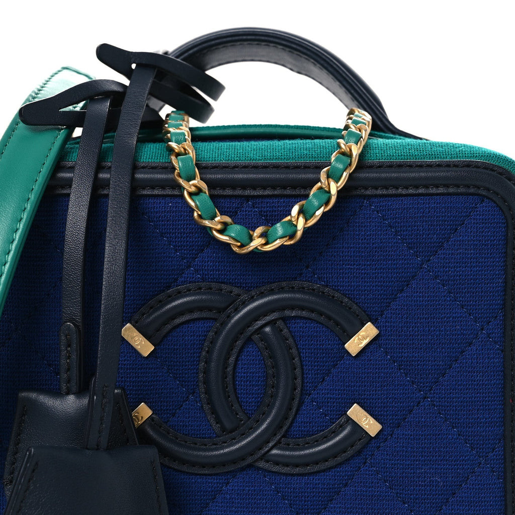 Chanel Jersey Quilted Small CC Filigree Vanity Case Blue Green