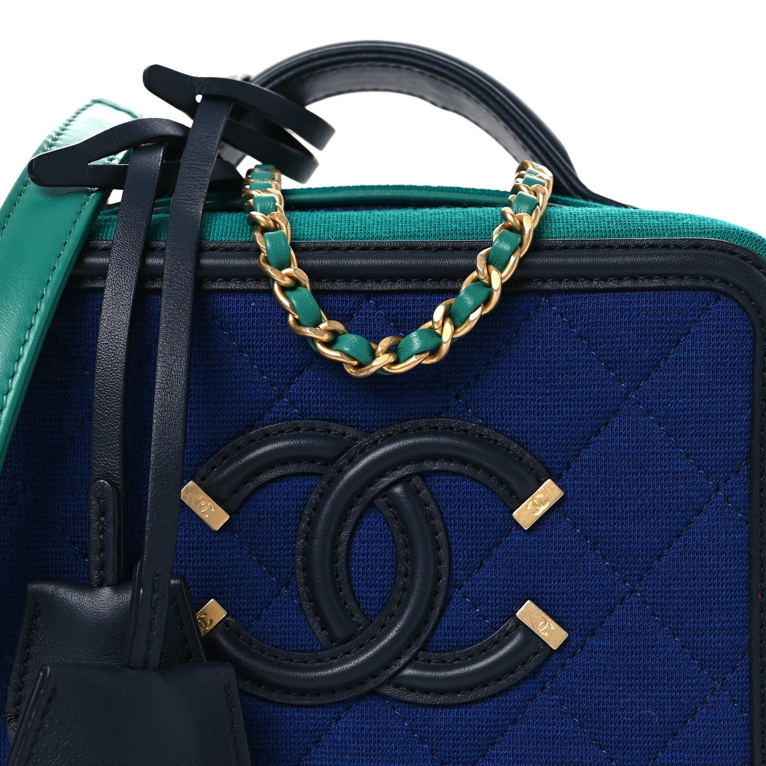 Chanel Jersey Quilted Small CC Filigree Vanity Case Blue Green