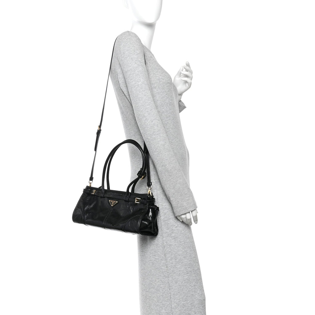 Prada Glossy Calfskin Triangle Medium Bonnie Shoulder Bag Black