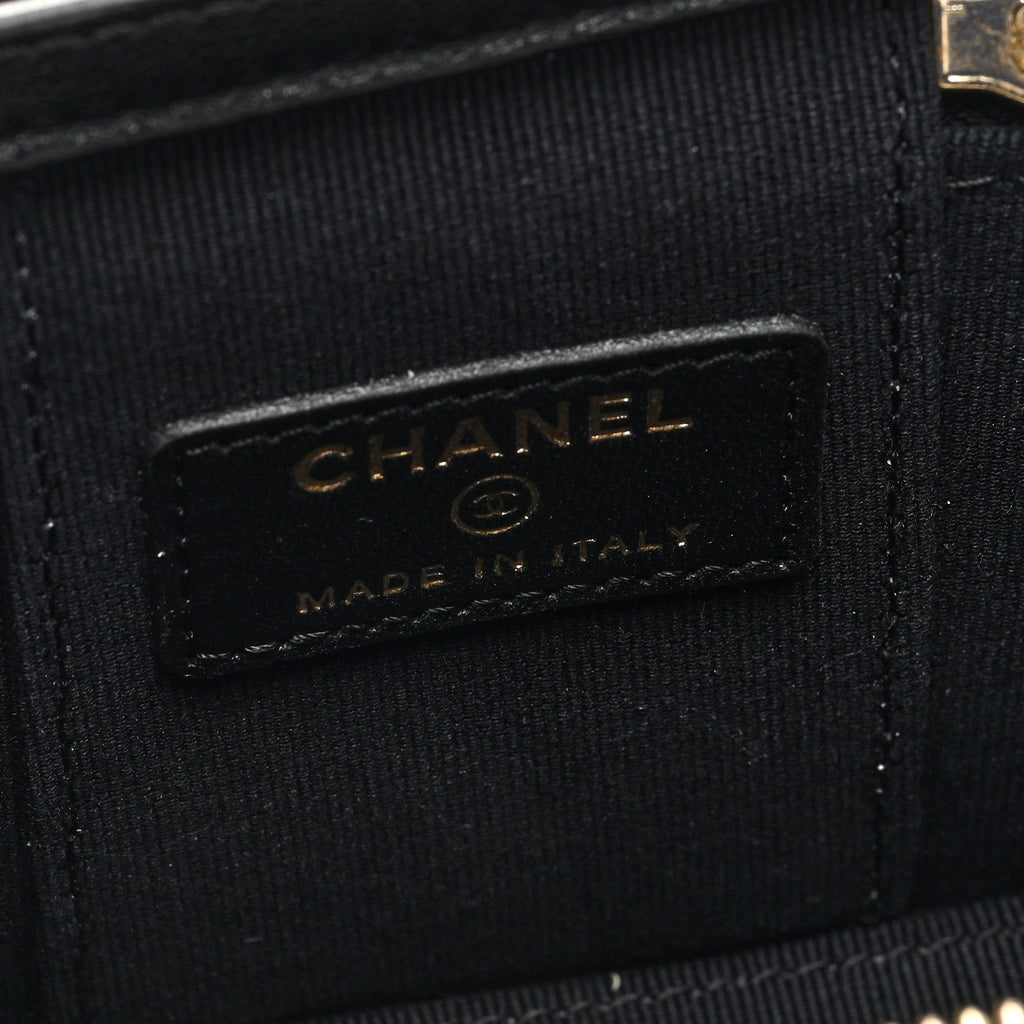 Chanel Lambskin Quilted Mini Vanity Case With Pearl Chain Black