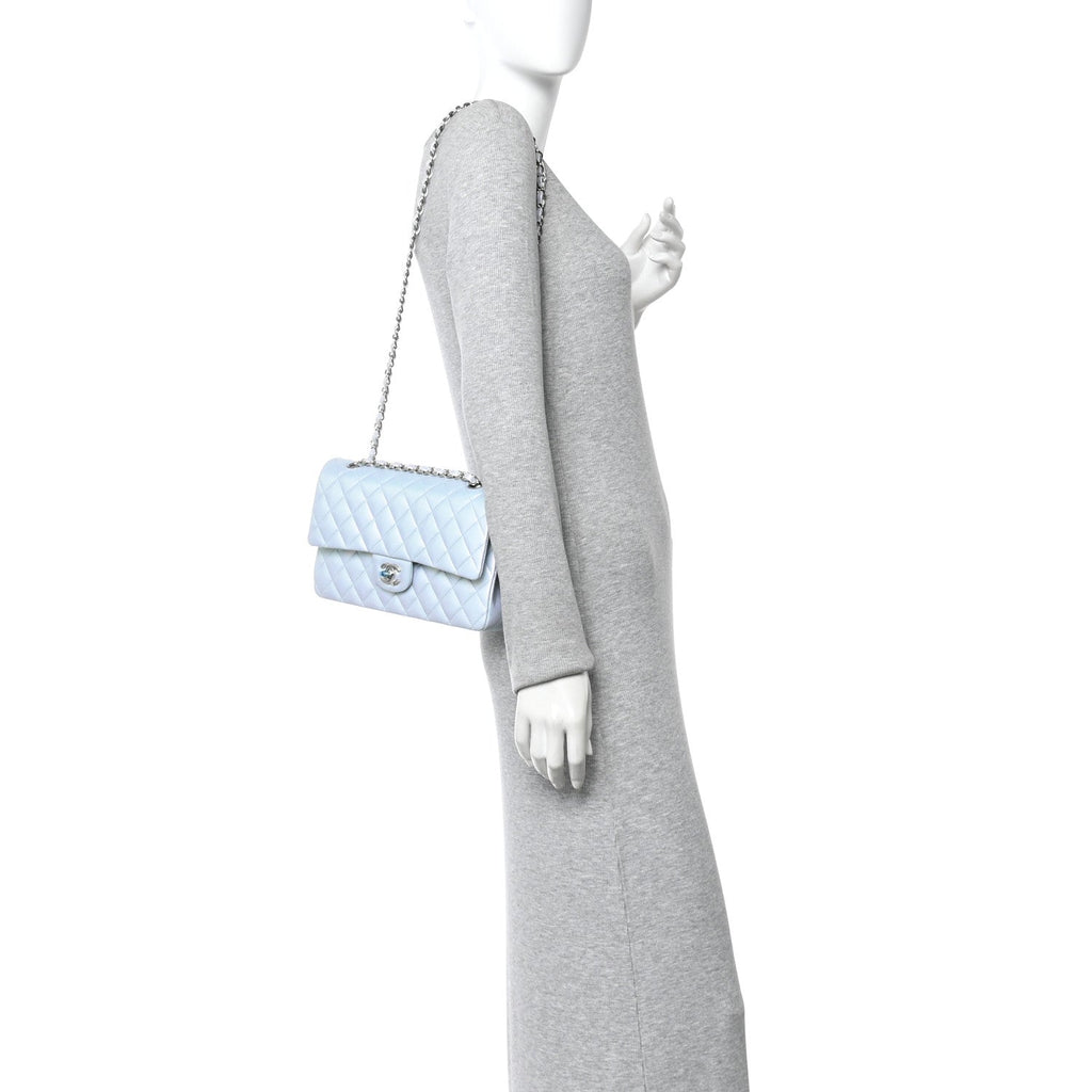 Chanel Iridescent Calfskin Quilted Medium Double Flap Light Blue