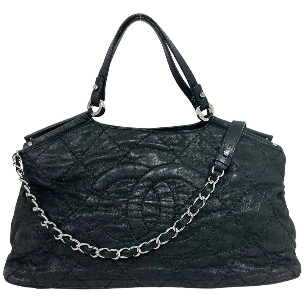 Chanel Matelasse Quilted Black Shimmer Leather Chain Shoulder Tote Bag