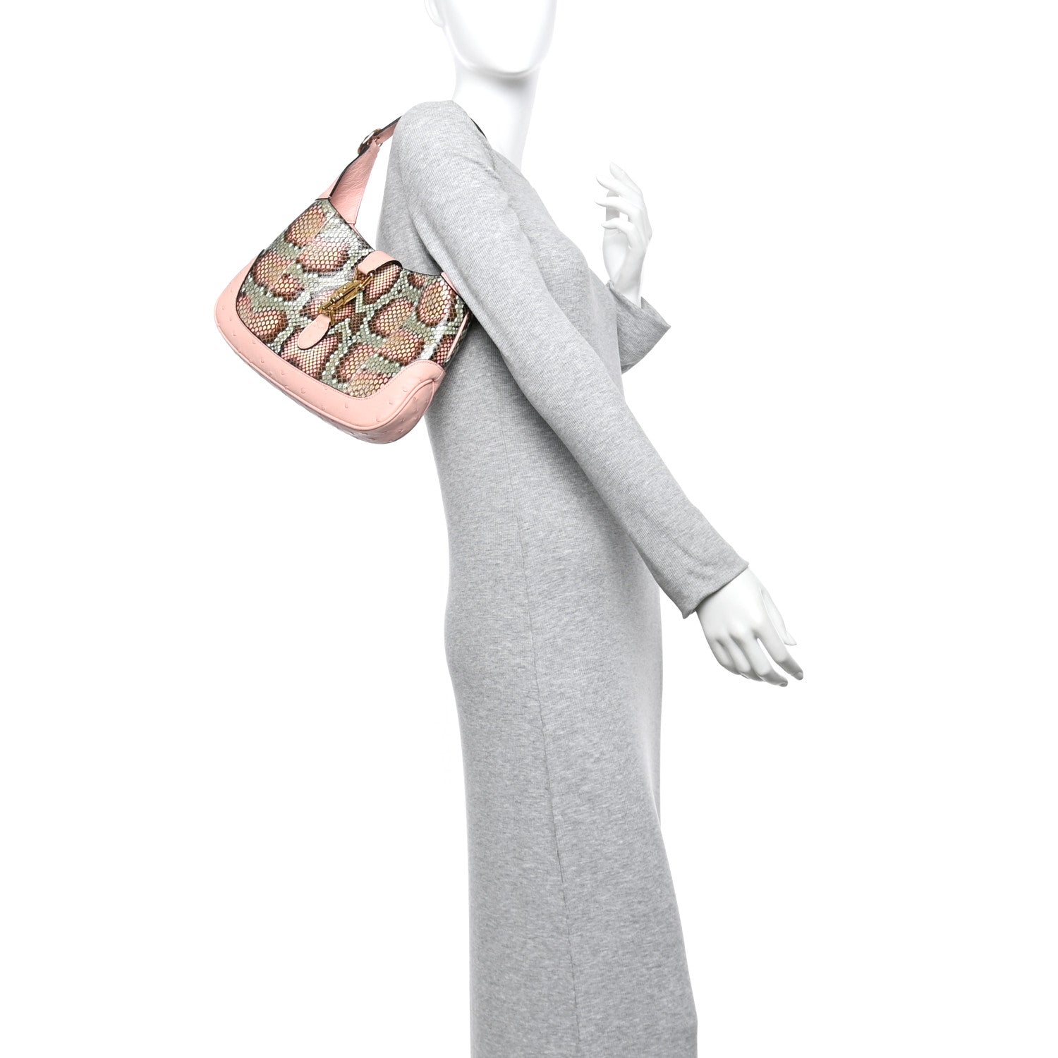 Gucci Snakeskin Ostrich Calfskin Small Jackie 1961 Hobo Pink Multicolor