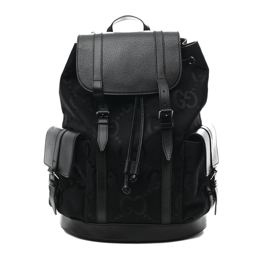 Gucci Monogram Jumbo GG Textured Dollar Calfskin Web Double Buckle Backpack Black