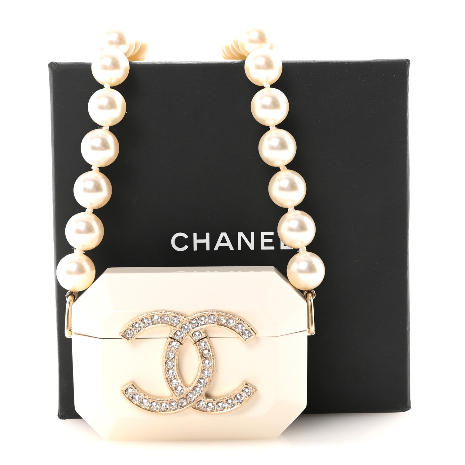 Resin Crystal Pearl Lambskin Airpods Pro Holder Necklace Pearly White