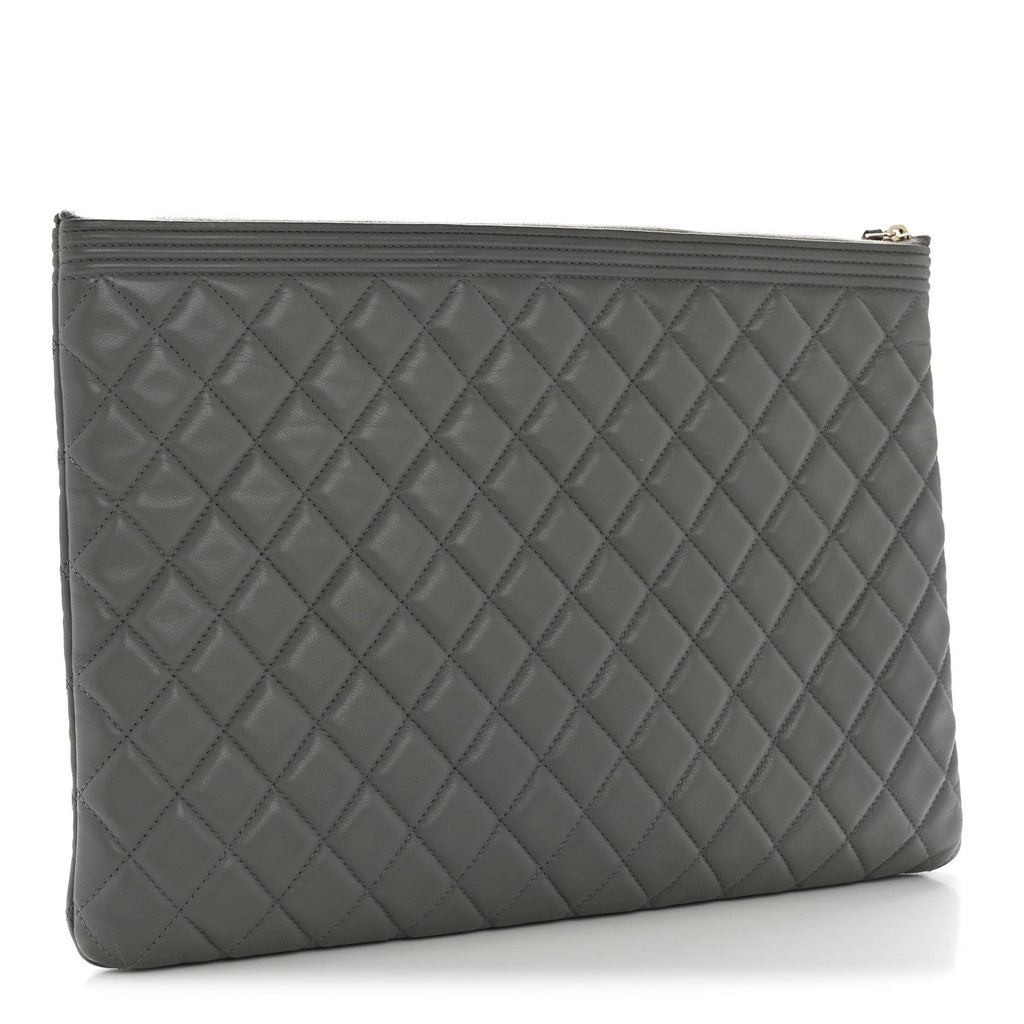 Lambskin Quilted Large Boy Zip Pouch Grey