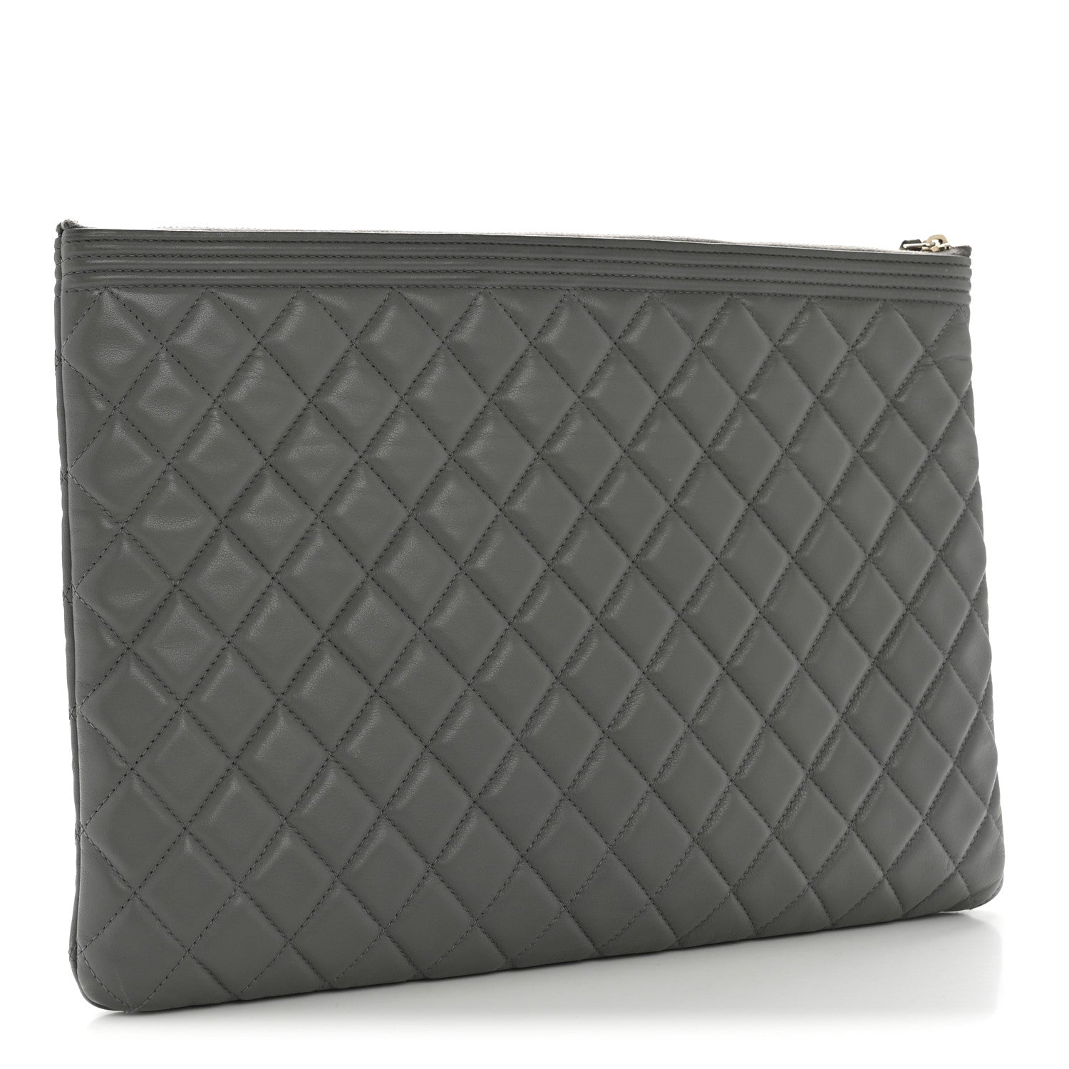 Lambskin Quilted Large Boy Zip Pouch Grey
