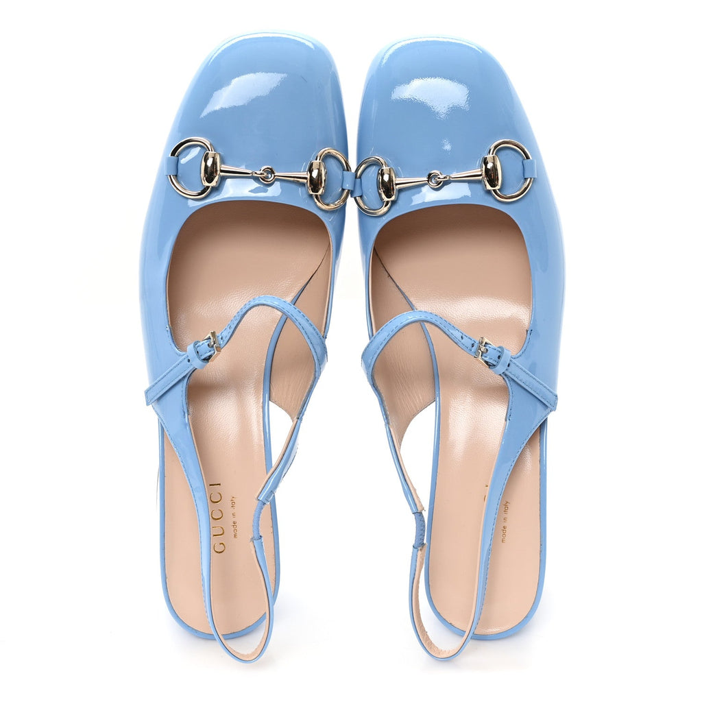 Gucci Vernice Crystal Horsebit Charlotte 42mm Slingback Pumps 37.5 Glacial Blue