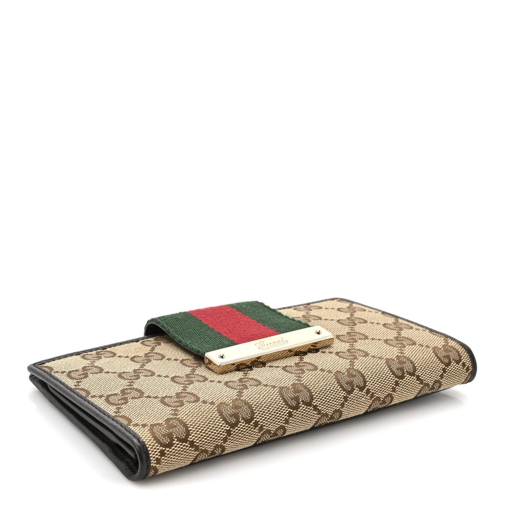 Gucci Monogram Calfskin Ladies Web Continental Wallet Beige Ebony Cocoa