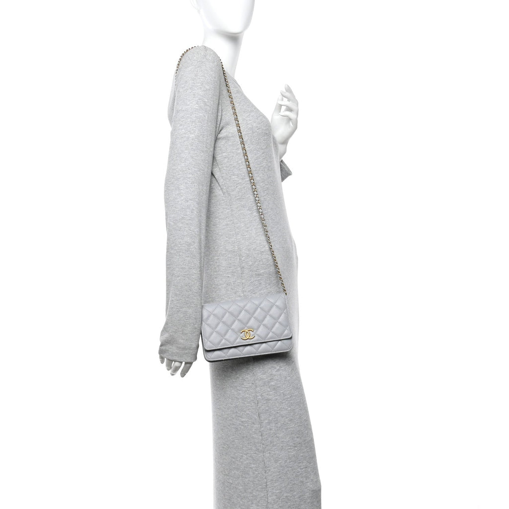 Chanel Caviar Quilted Textured CC Wallet On Chain WOC Grey