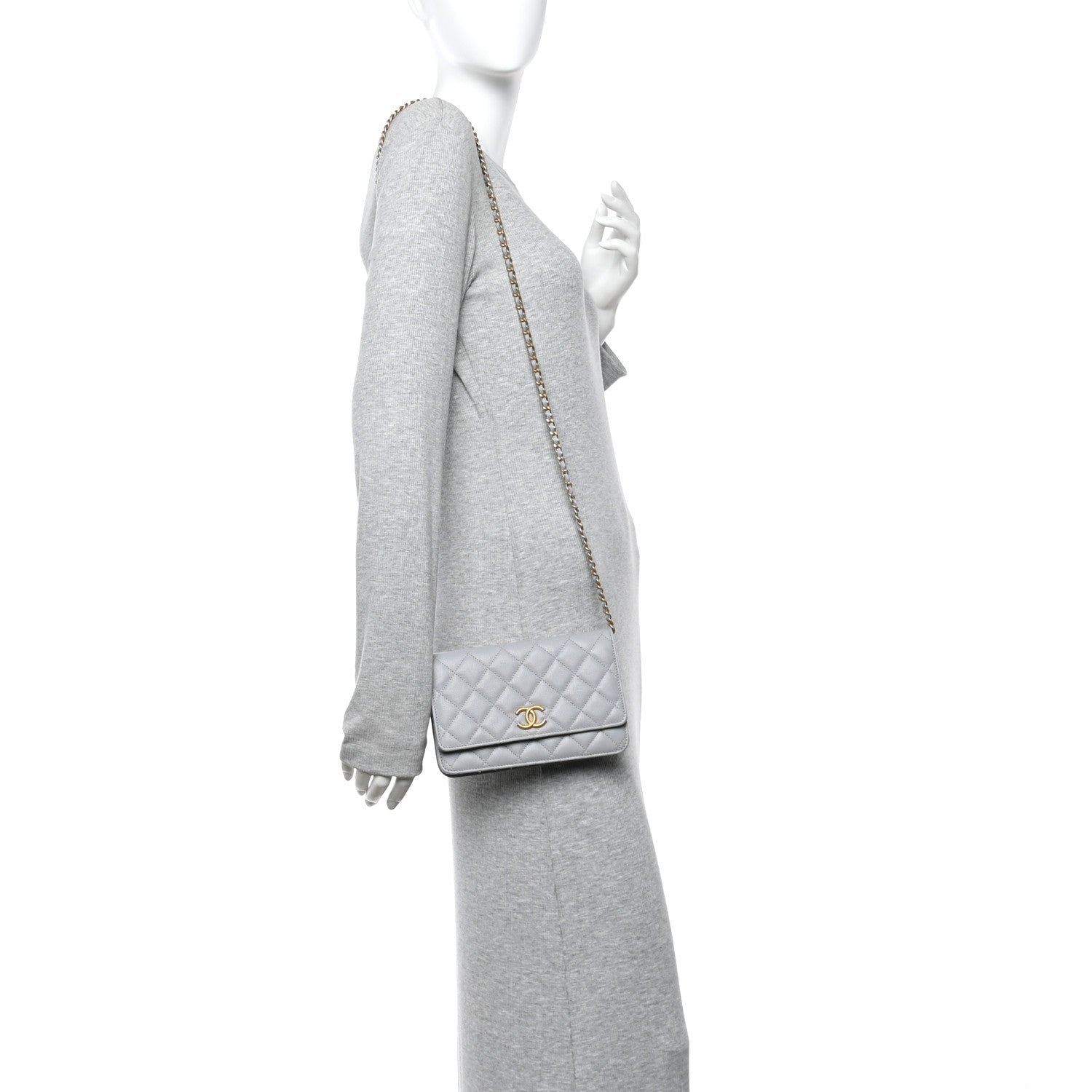 Chanel Caviar Quilted Textured CC Wallet On Chain WOC Grey