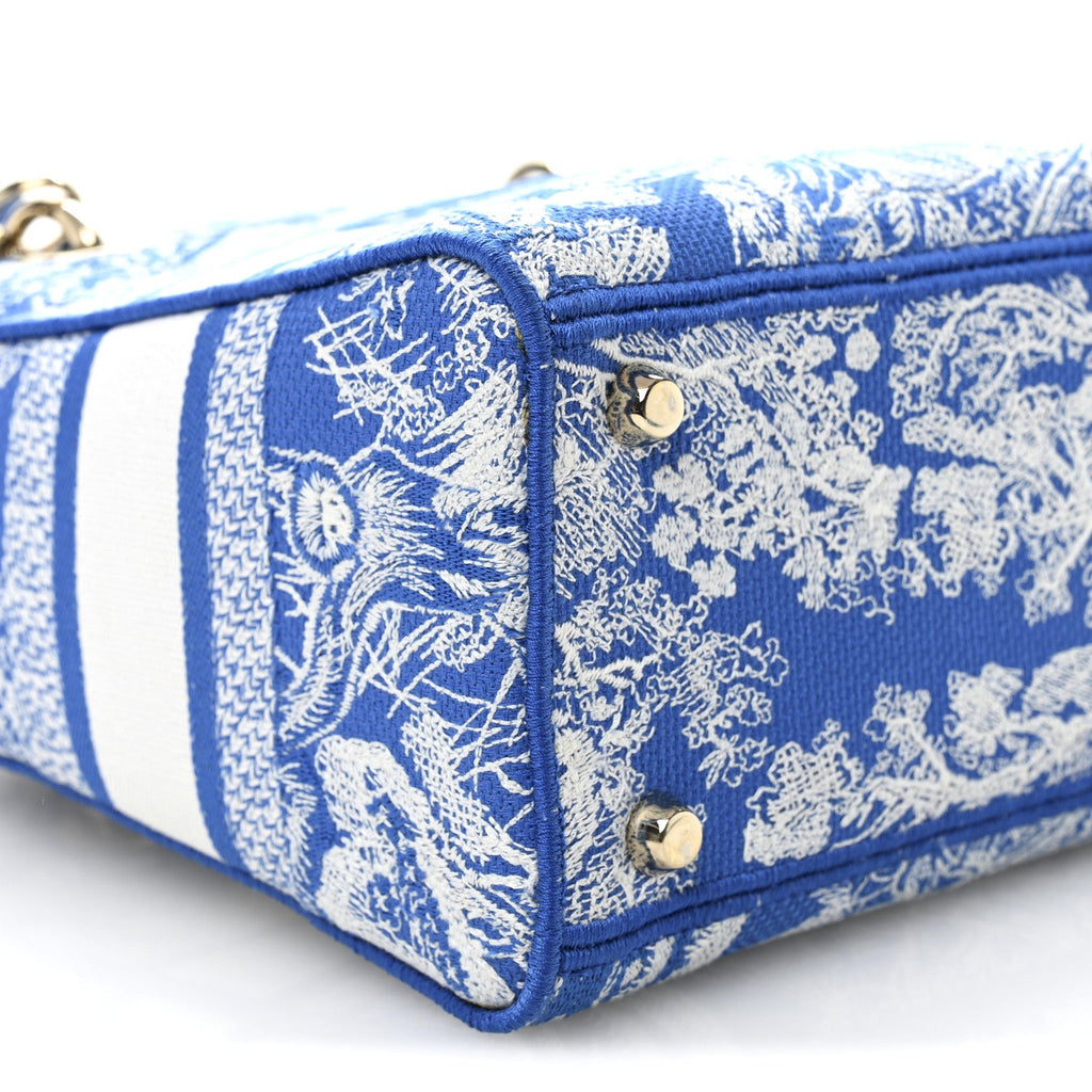 Christian Dior Canvas Toile De Jouy Reverse Embroidered Medium Lady D-Lite Fluorescent Blue