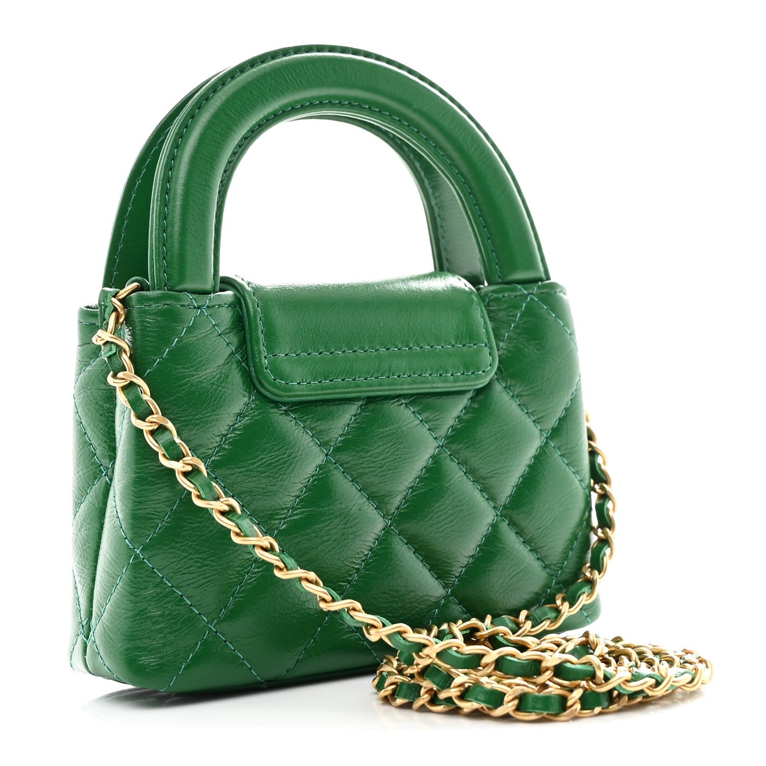 Chanel Shiny Aged Calfskin Quilted Mini Nano Kelly Shopper Green