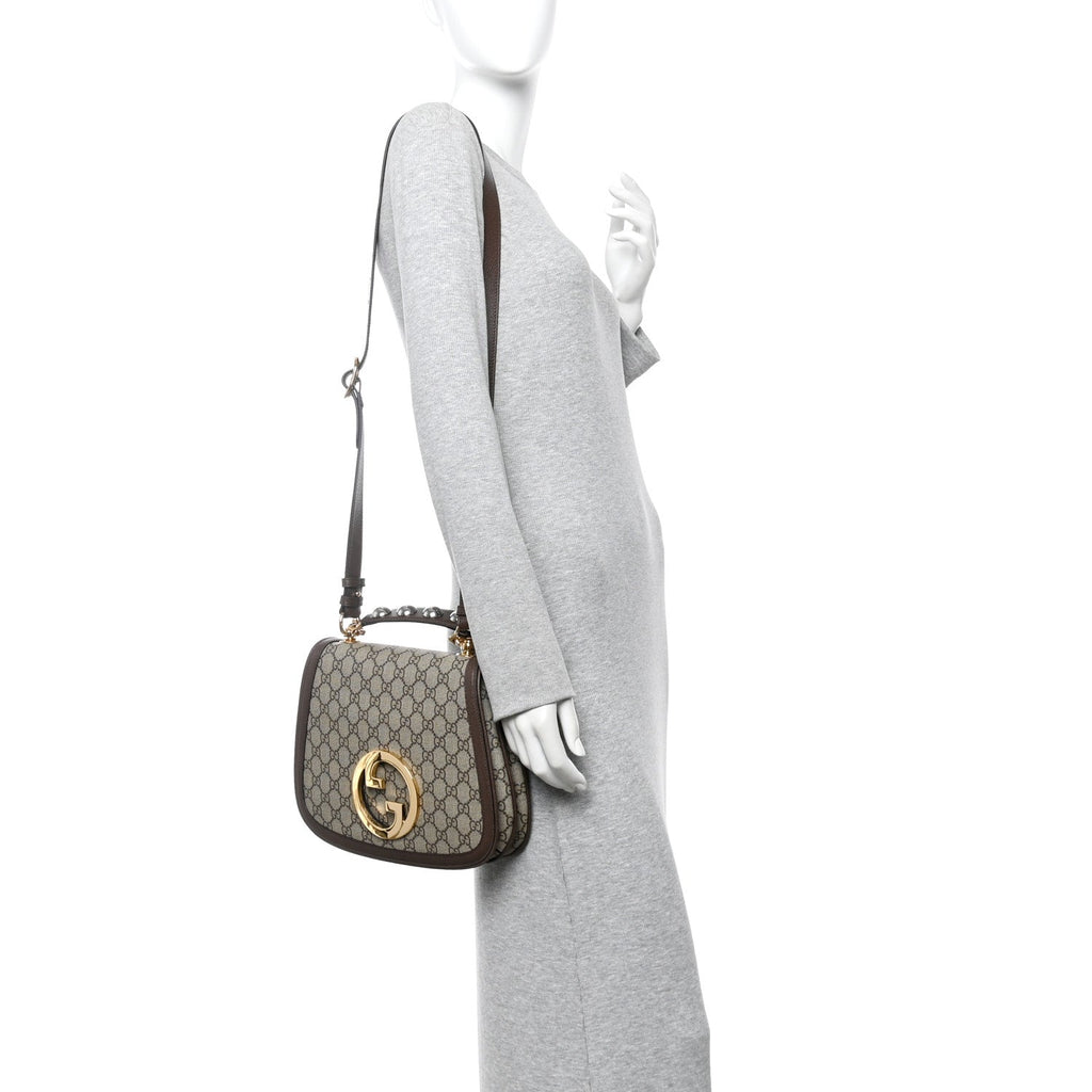 Gucci GG Supreme Monogram Textured Dollar Calfskin Web Medium Blondie Top Handle Shoulder Flap Bag Beige Ebony New Acero