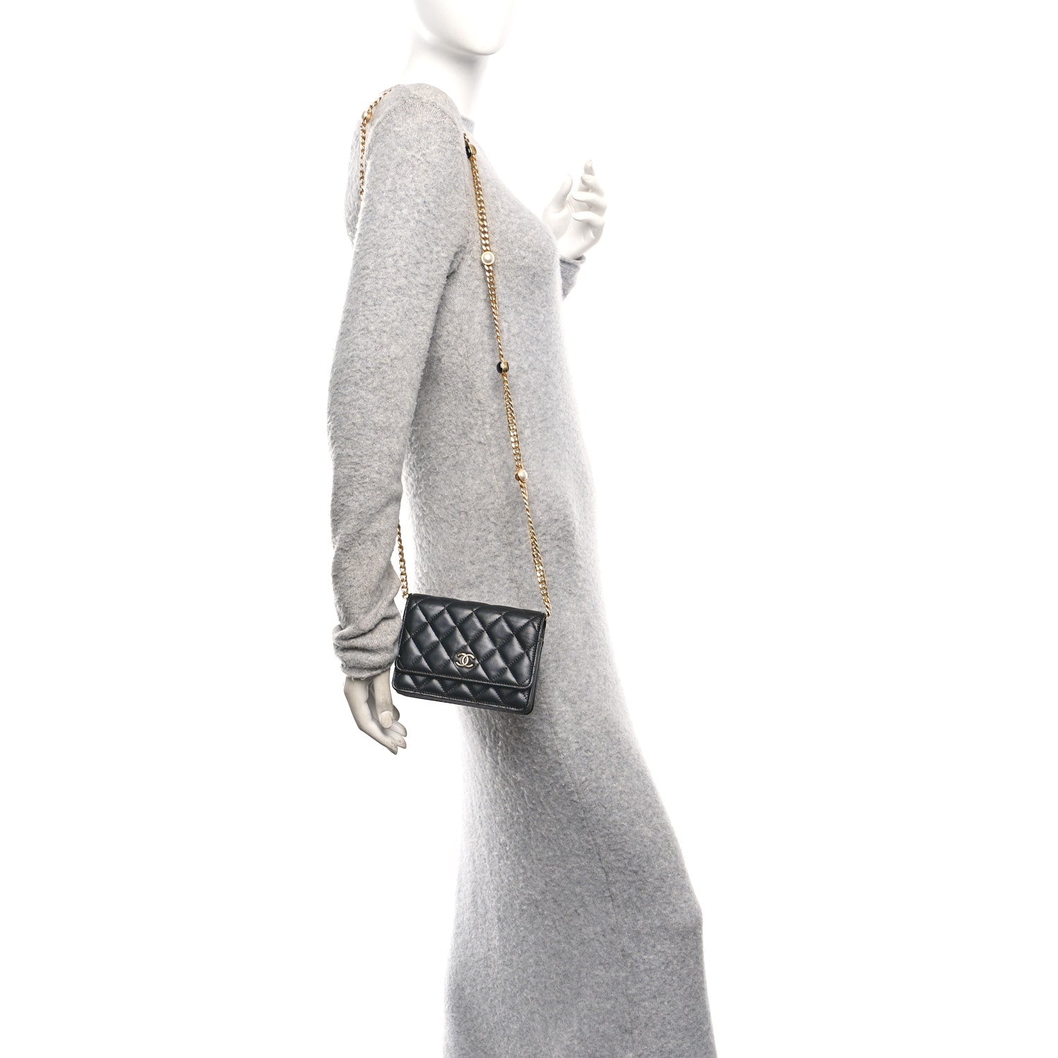 Chanel Lambskin Quilted CC Pearl Enamel Clutch on Chain WOC Black